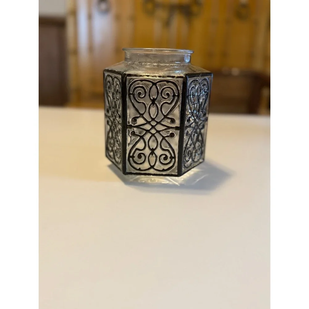 Vintage Hexagonal Clear Glass Black Scroll Filigree Decorative 5.5in Light Cover